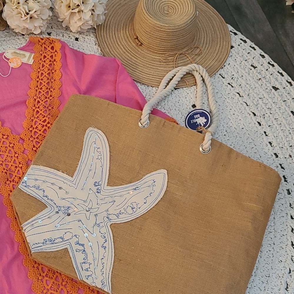 SALE NWOT LG BLUE WHITE  STARFISH BEACH BURLAP BAG - Picture 12 of 16